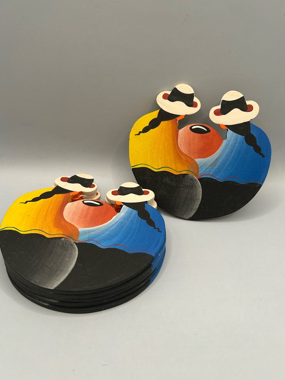 Colorful Peruvian Peru Scene Hand Painted Coaster Set of 6 Folk Art Traditional